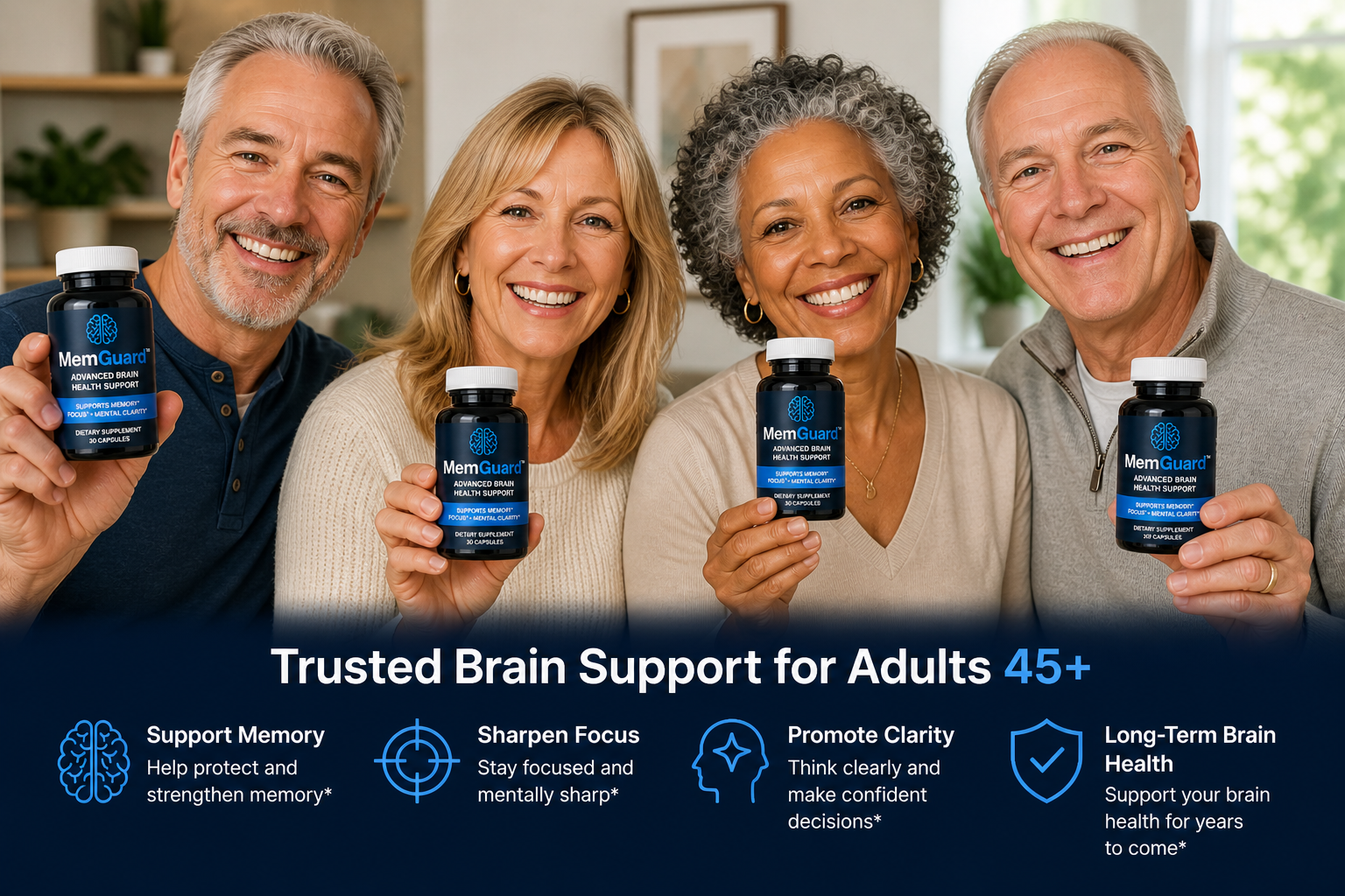Four adults holding bottles of a supplement with text about brain support for adults 45+.