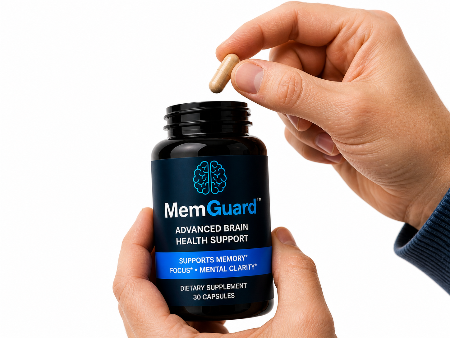 Hand holding a bottle of MemGuard supplements with a capsule above it on a white background
