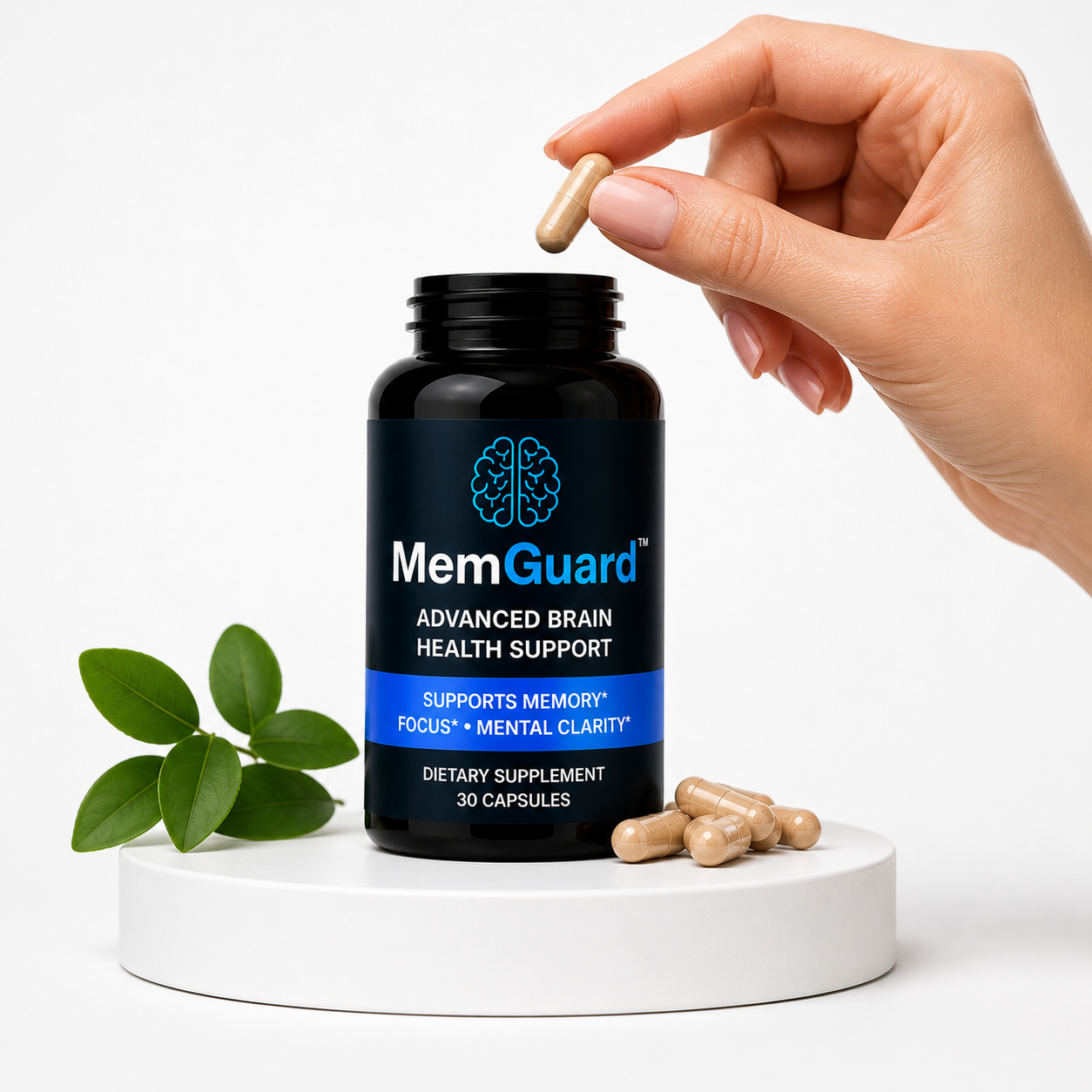MemGuard supplement bottle with a hand holding a capsule on a white background