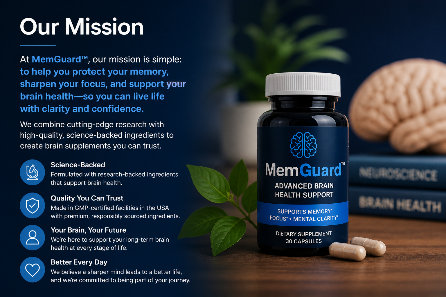 MemGuard supplement bottle with brain and text on a wooden surface