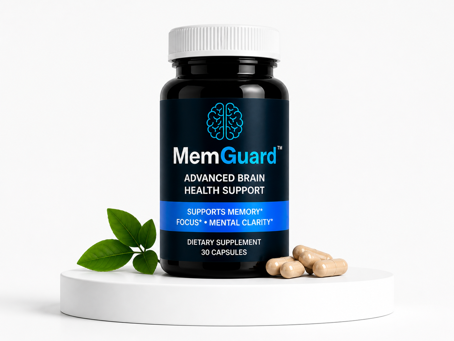 MemGuard supplement bottle with capsules on a white background
