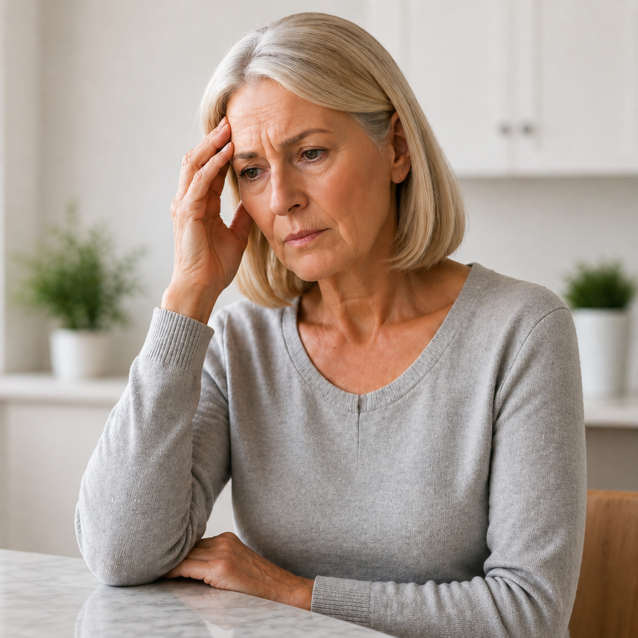 Woman in a gray sweater holding her head in a kitchen setting